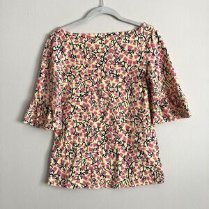 Lilly Pulitzer Bell Sleeve Top Yellow Pink Floral Size Medium Cotton Boat Neck